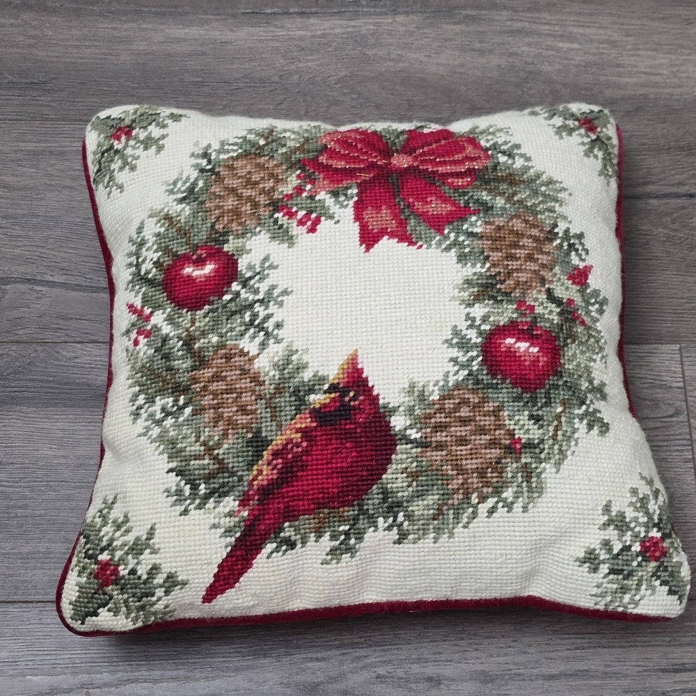 Christmas Tapestry Accent Pillow Wreath Cardinal Red Bird Holiday 12x12